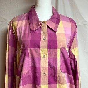 Denim & Co Large button down collared shirt with front pockets- Pink/berry